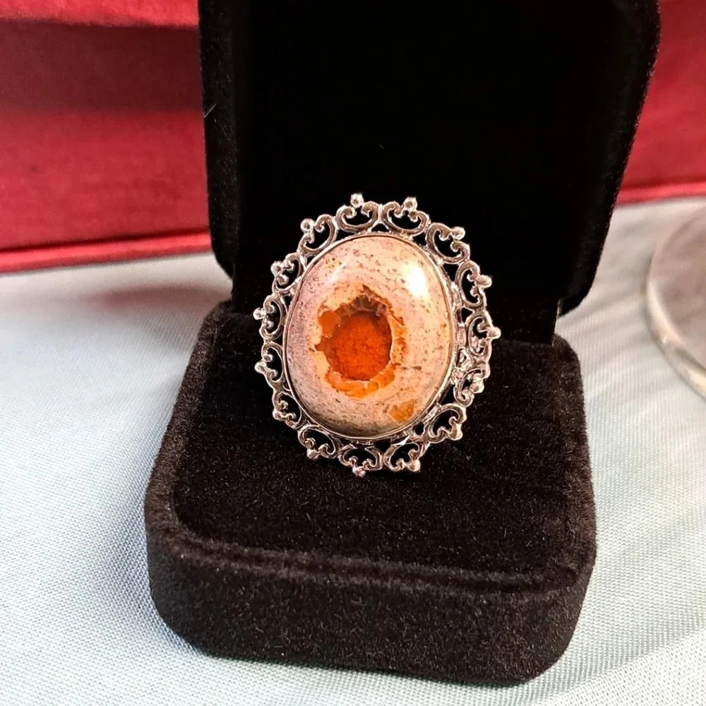 Fire Opal Matrix Large Solitaire Ring In 925 Sterling Silver. - Picture 4 of 8